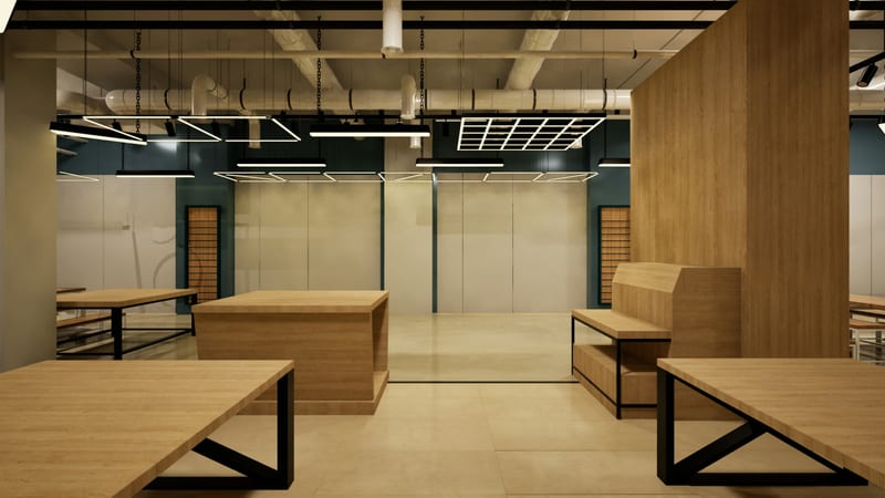 Beton duvarli, ahsap sergileme elemanlari olan bos ve yalin showroom ic mekani.